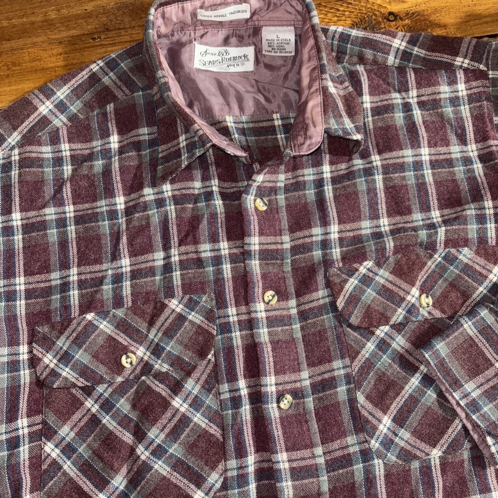 Vintage Sears Roebuck Button Flannel Shirt Men Large‎ Maroon Plaid Wool Blend